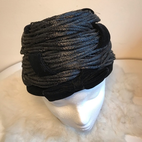 Vintage 1950s Black Bee Hive Woven Hat Velvet main image 8